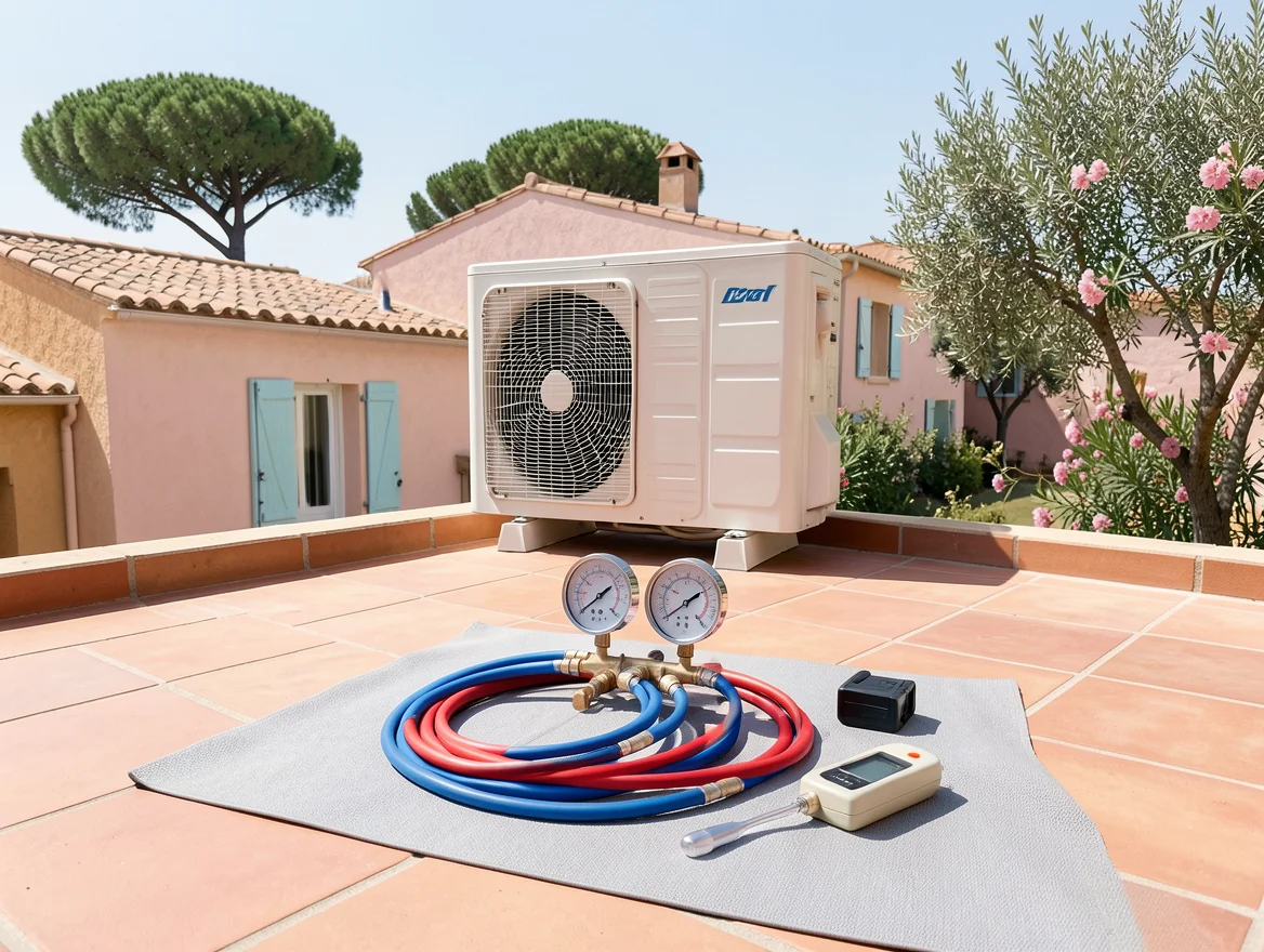 Manomètres et détecteur de fuite utilisés lors de l'entretien d'une climatisation