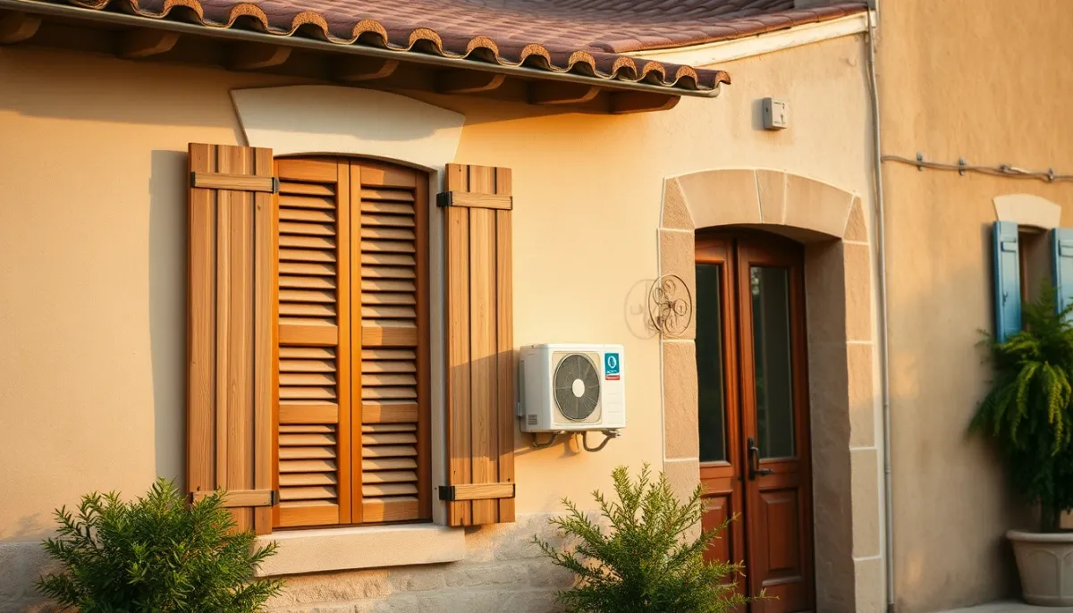 Unité extérieure de climatisation sur la façade d'une maison provençale dans le Var