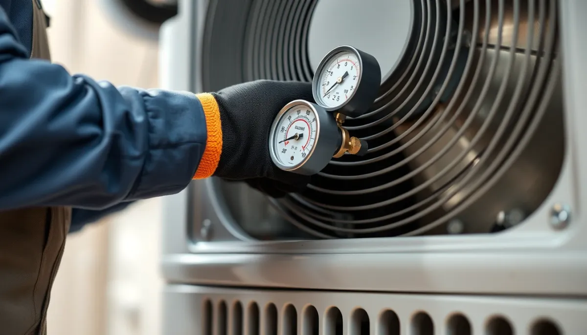 Technicien certifié effectuant l'entretien d'une pompe à chaleur air/eau avec un manifold
