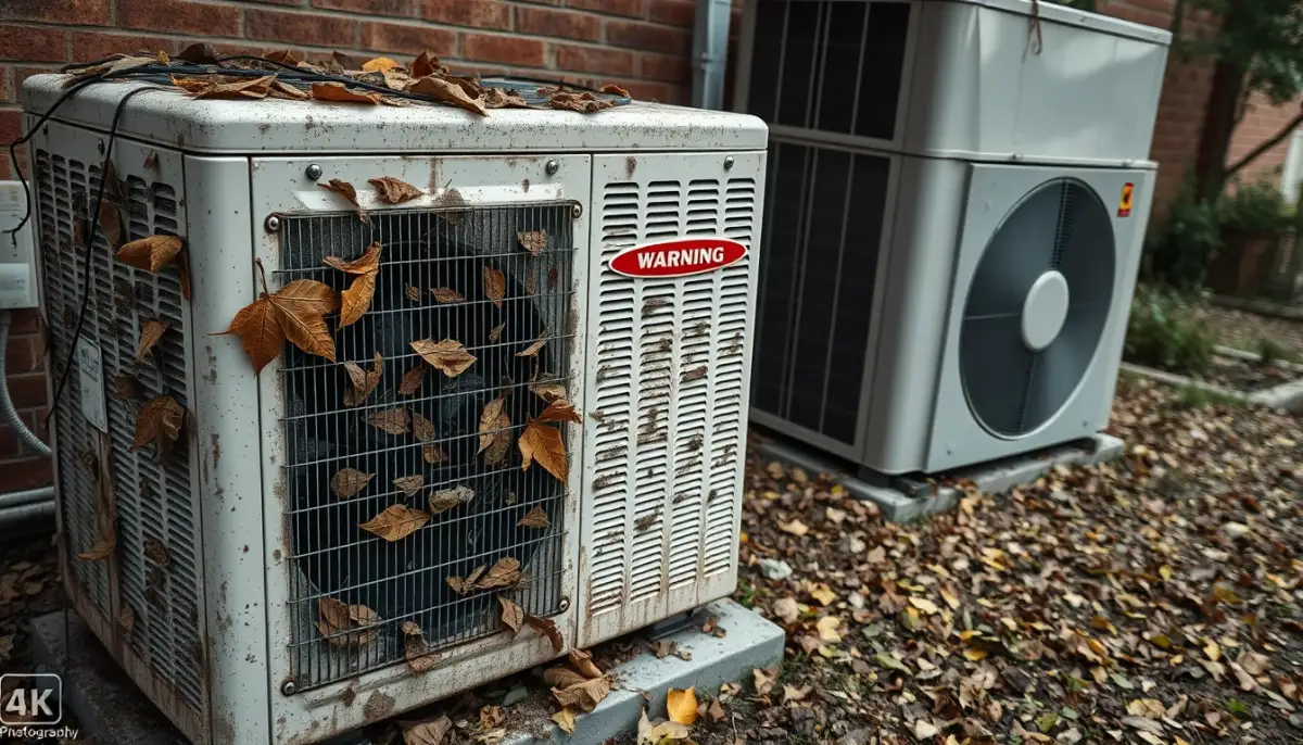 Pompe à chaleur extérieure négligée couverte de feuilles et de saleté