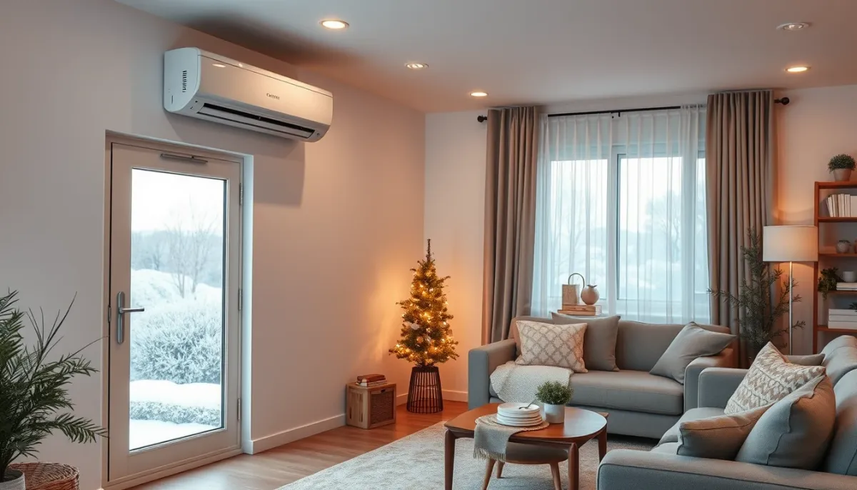 Salon équipé d'une climatisation réversible et d'un chauffage d'appoint pour l'hiver
