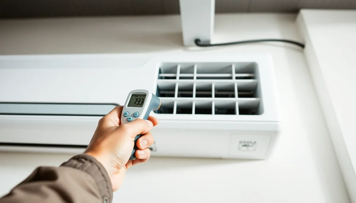 Mesure de l'écart de température entre air aspiré et air soufflé d'une climatisation avec un thermomètre digital