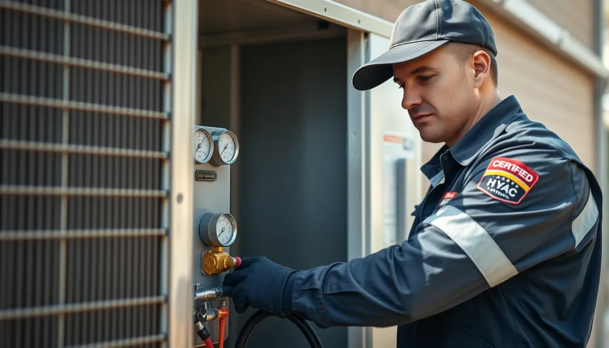 Technicien certifié effectuant une recharge de gaz sur une unité extérieure de climatisation avec manomètres