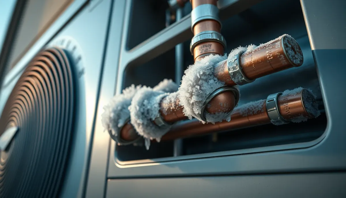 Givre sur les tuyaux extérieurs d'une climatisation, signe d'un manque de gaz ou d'une fuite