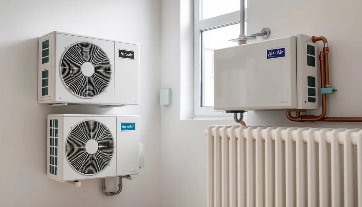 Comparaison visuelle entre une PAC air/air murale et une PAC air/eau reliée à des radiateurs