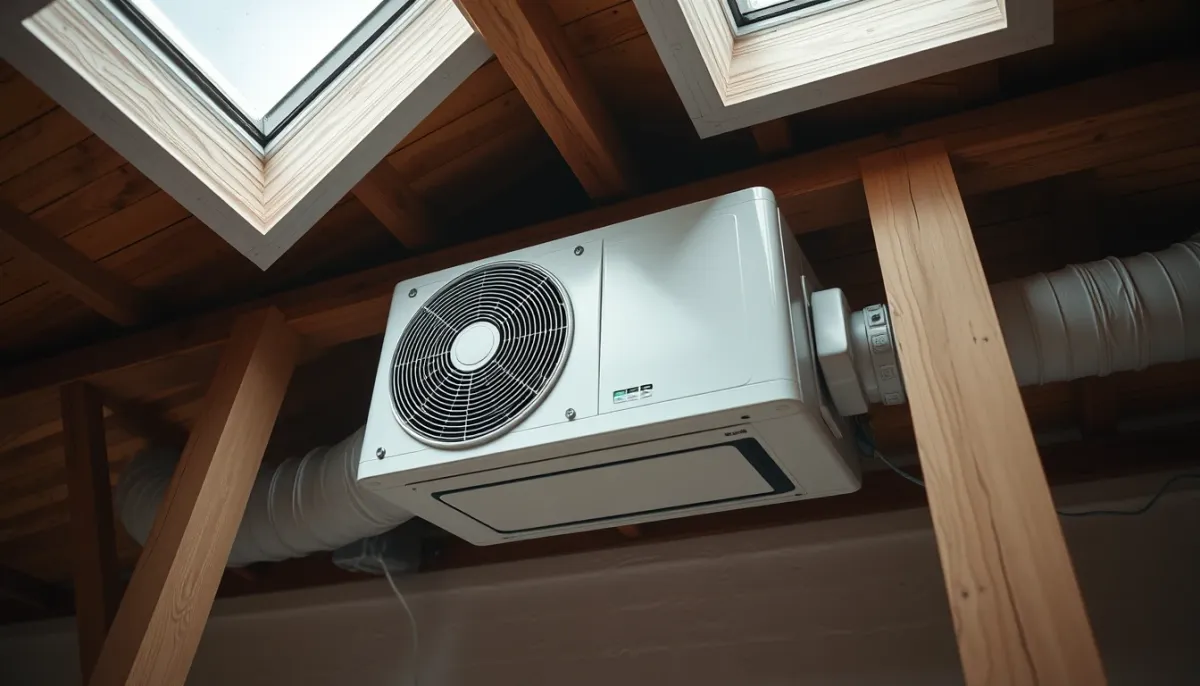 Unité intérieure de climatisation gainable installée dans des combles accessibles