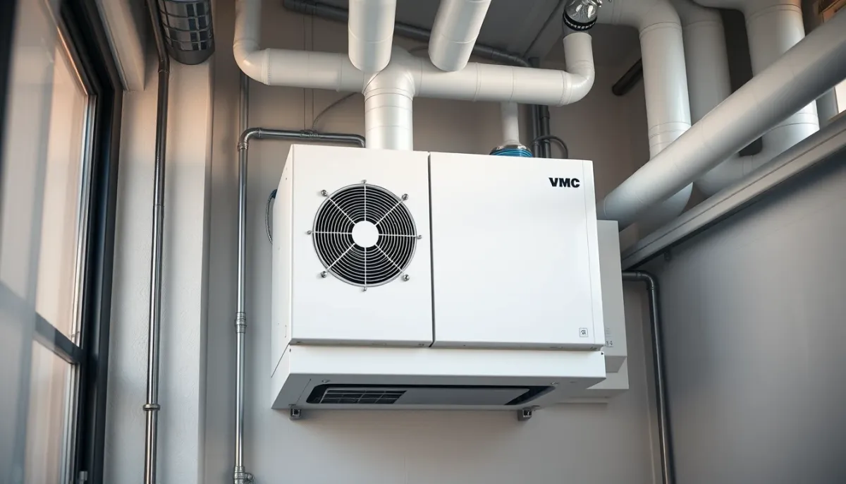 Caisson de VMC double flux installé dans un local technique, avec échangeur thermique et gaines