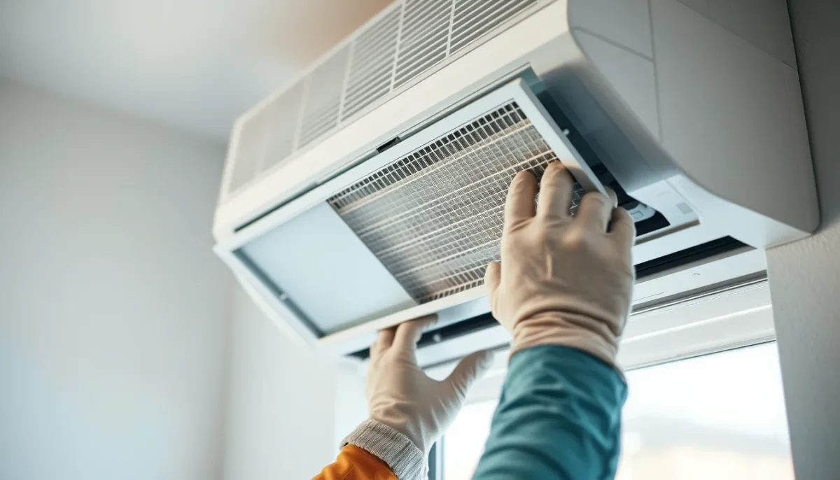Gros plan sur l'entretien d'une unité intérieure de climatisation réversible, filtre retiré et panneau ouvert