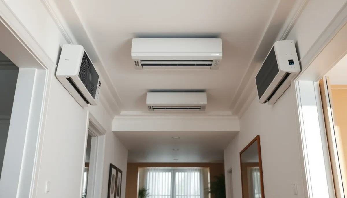 Installation multisplit avec trois unités intérieures de climatisation réversible dans une maison moderne