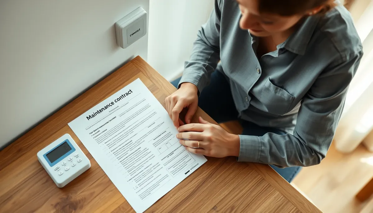 Vue de dessus d'un contrat d'entretien de climatisation réversible posé sur une table en bois avec télécommande