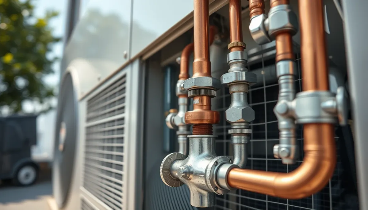 Détail des raccords et tuyaux cuivre d'une pompe à chaleur air/eau