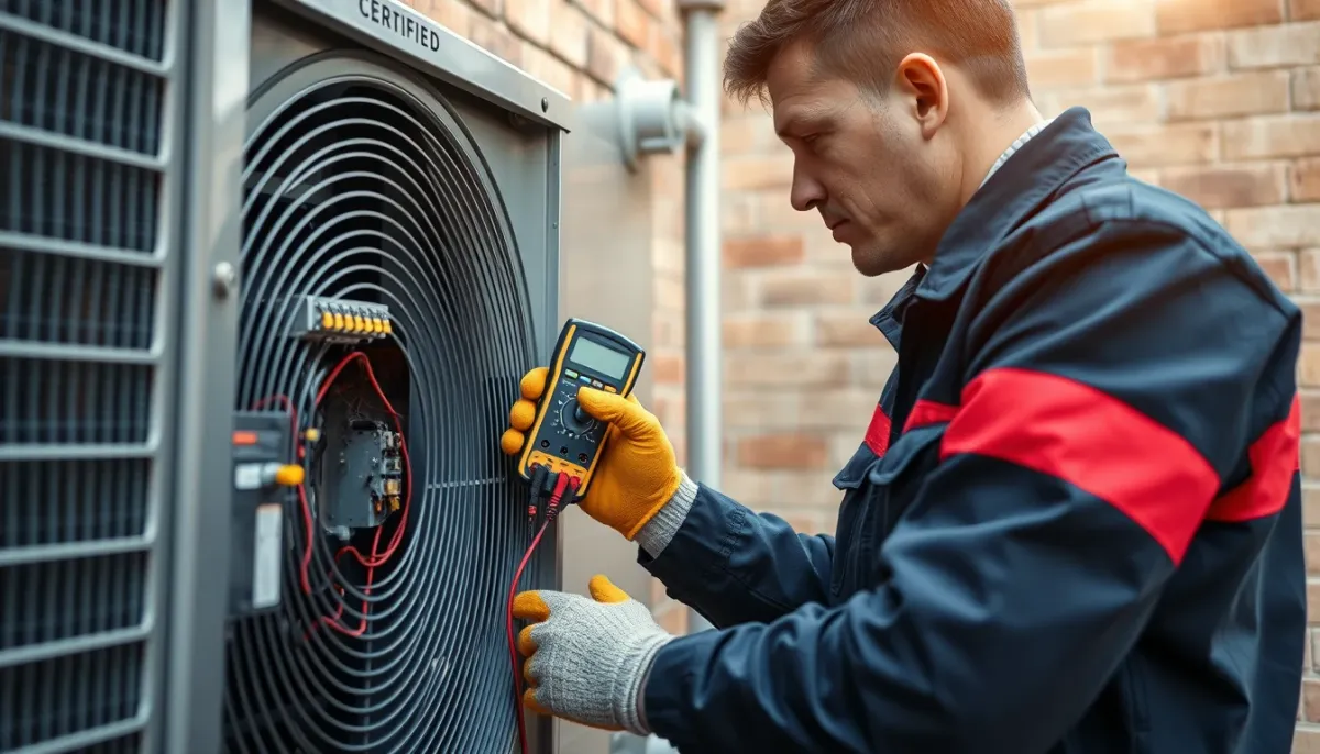 Technicien frigoriste vérifiant l'unité extérieure d'une climatisation
