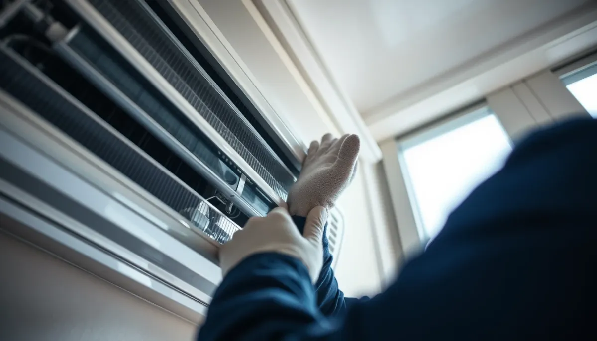 Technicien certifié effectuant l'entretien d'une climatisation intérieure, nettoyage du filtre