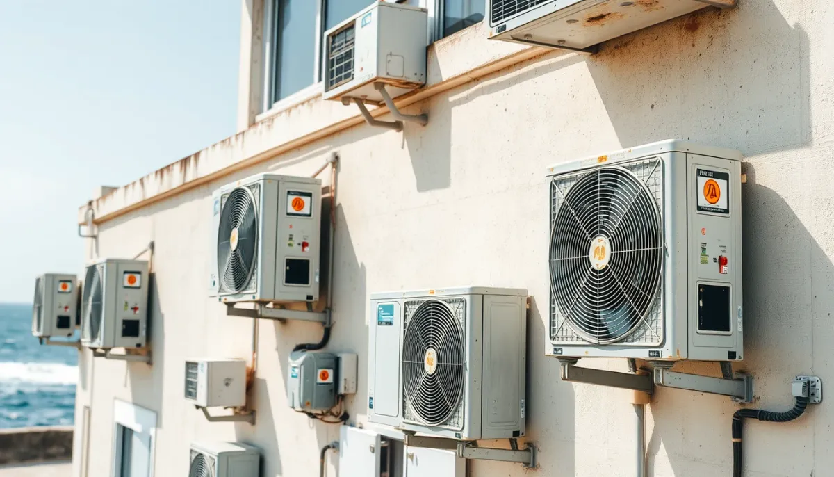 Unités extérieures de climatisation sur une façade en bord de mer, exposées à l'air salin