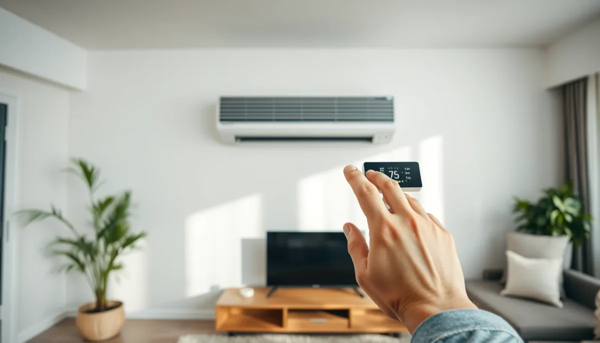 Salon moderne avec climatisation murale et thermostat digital, réglage de la température