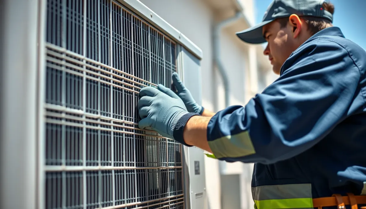 Technicien qualifié intervenant sur une unité extérieure de climatisation