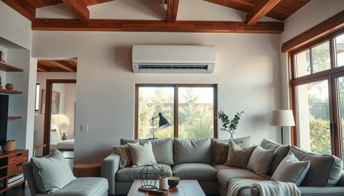 Salon confortable avec une climatisation réversible murale en fonctionnement, ambiance chaleureuse dans une maison du Var