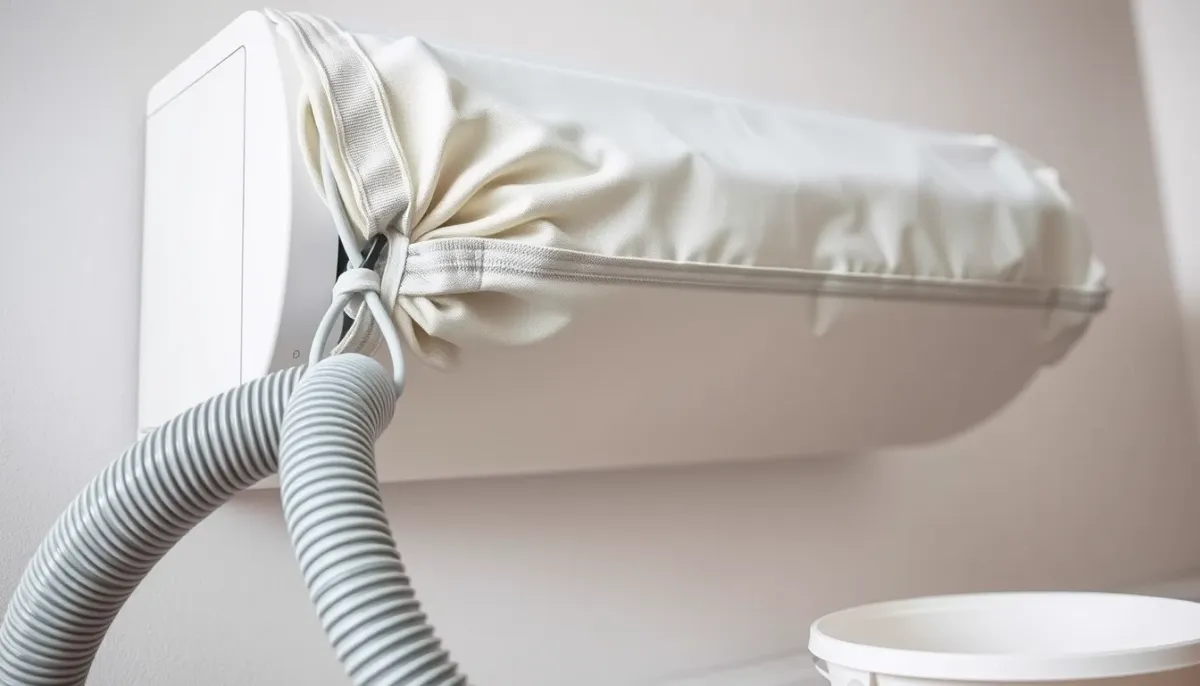 Gros plan sur le collier ajustable et le tuyau d'évacuation d'une bâche de nettoyage de climatisation