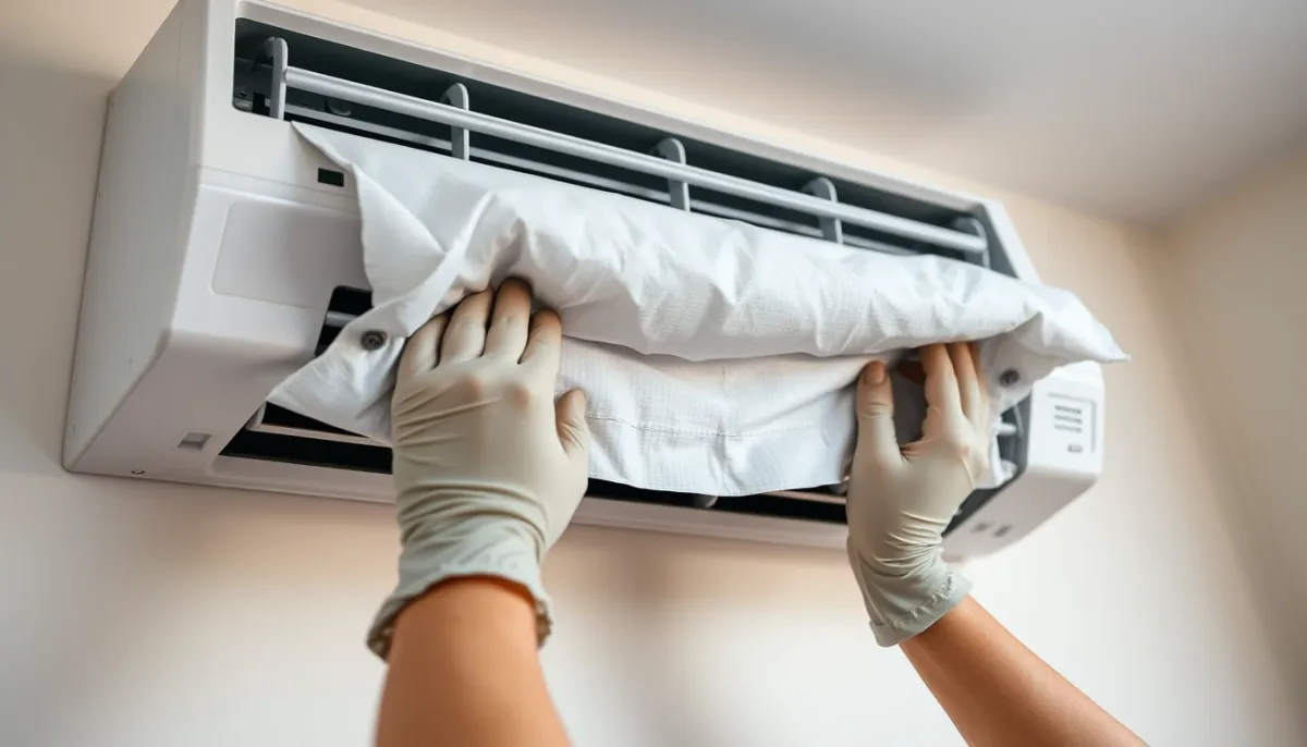 Installation d'une bâche de nettoyage sur une unité de climatisation murale
