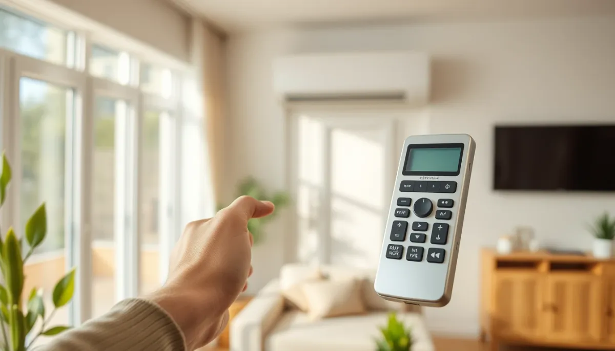 Main réglant la télécommande d'une climatisation réversible dans un intérieur contemporain