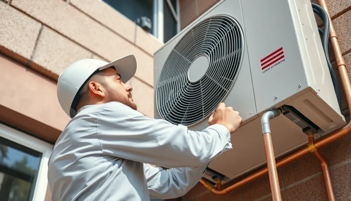 Technicien installant l'unité extérieure d'une climatisation réversible sur une façade