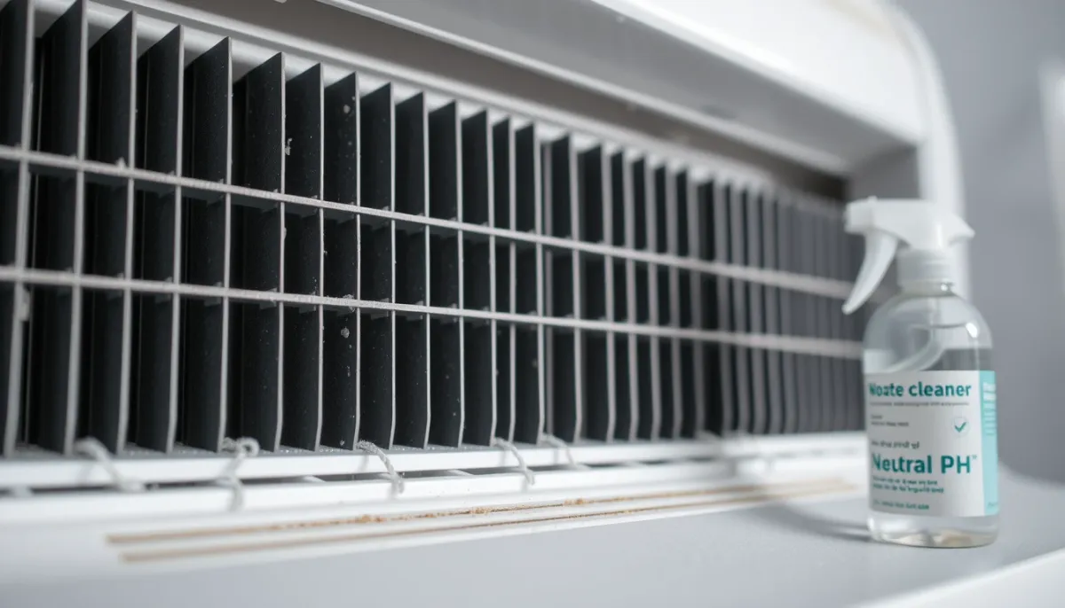 Gros plan sur l'échangeur à ailettes en aluminium d'une climatisation avec un produit moussant à pH neutre prêt à être appliqué