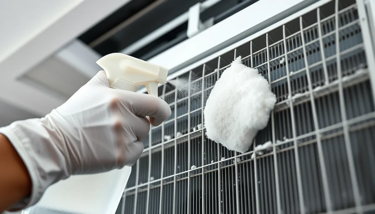 Application d'une mousse active à pH neutre sur l'échangeur d'une climatisation à l'aide d'un spray, geste d'entretien professionnel