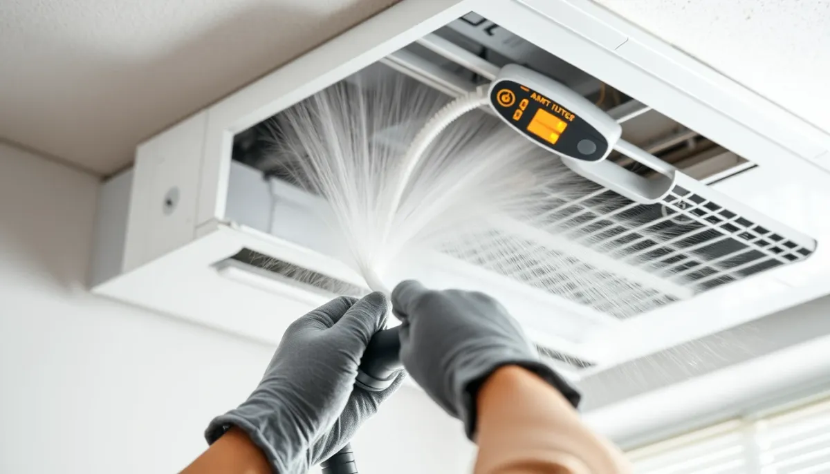 Nettoyage professionnel d'une climatisation avec un appareil dédié et une lance flexible, alternative au nettoyage domestique