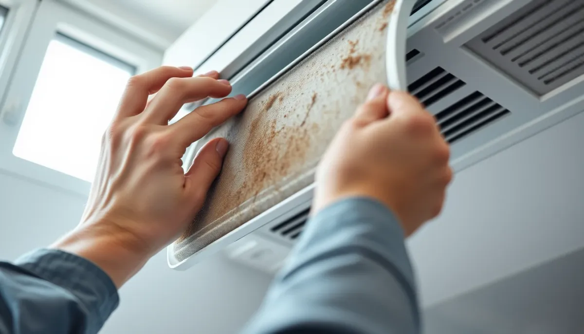 Nettoyage d'un filtre de climatisation gainable encrassé