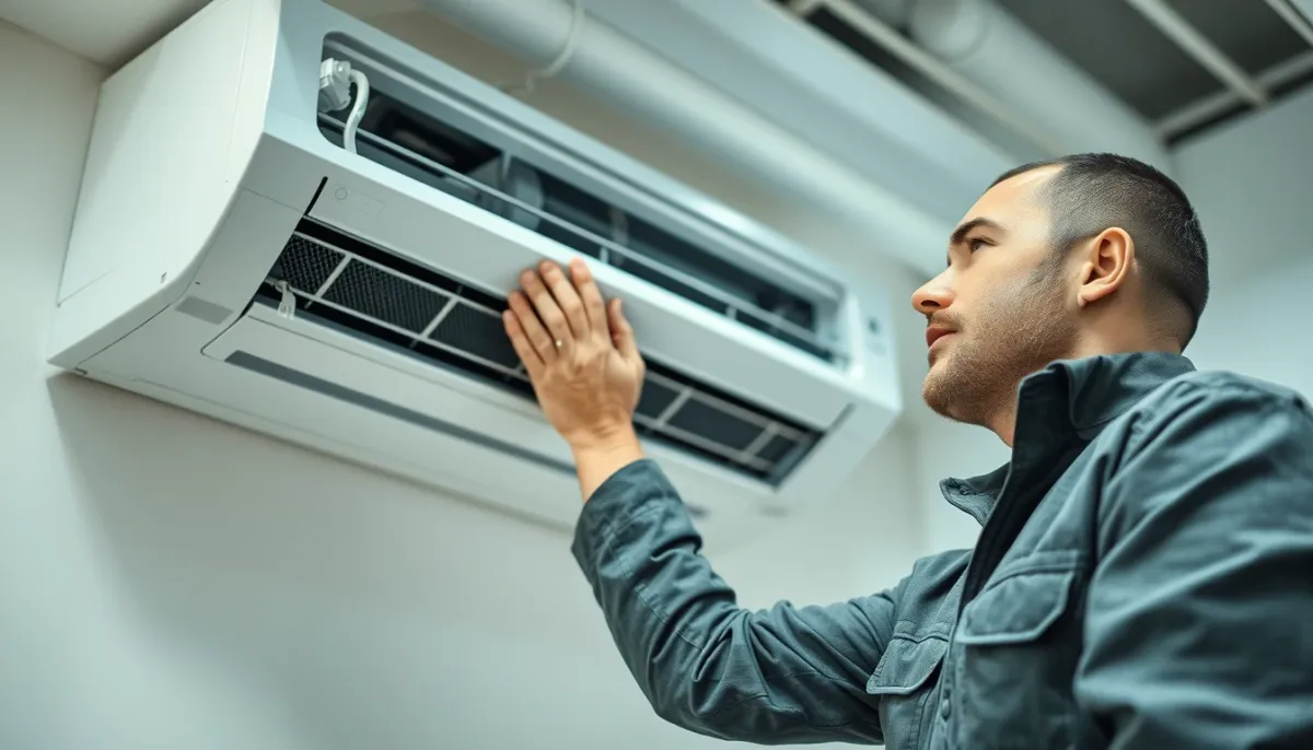 Technicien professionnel effectuant l'entretien d'une climatisation gainable