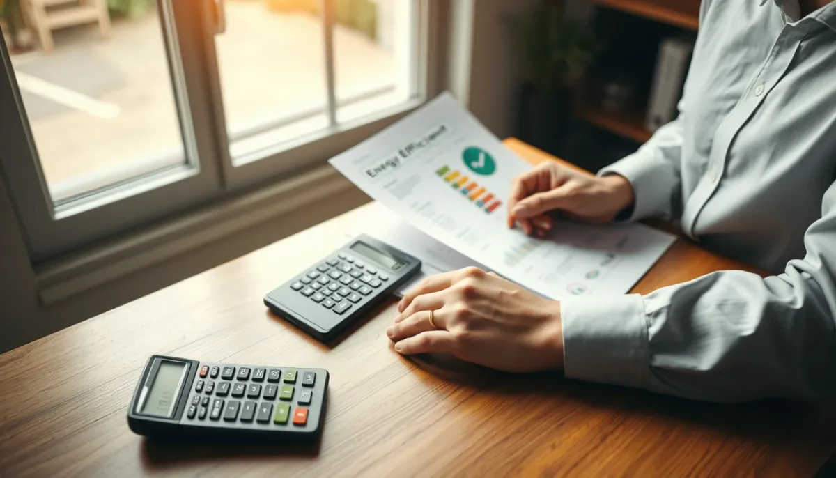 Mains examinant des documents sur les aides énergétiques avec une calculatrice