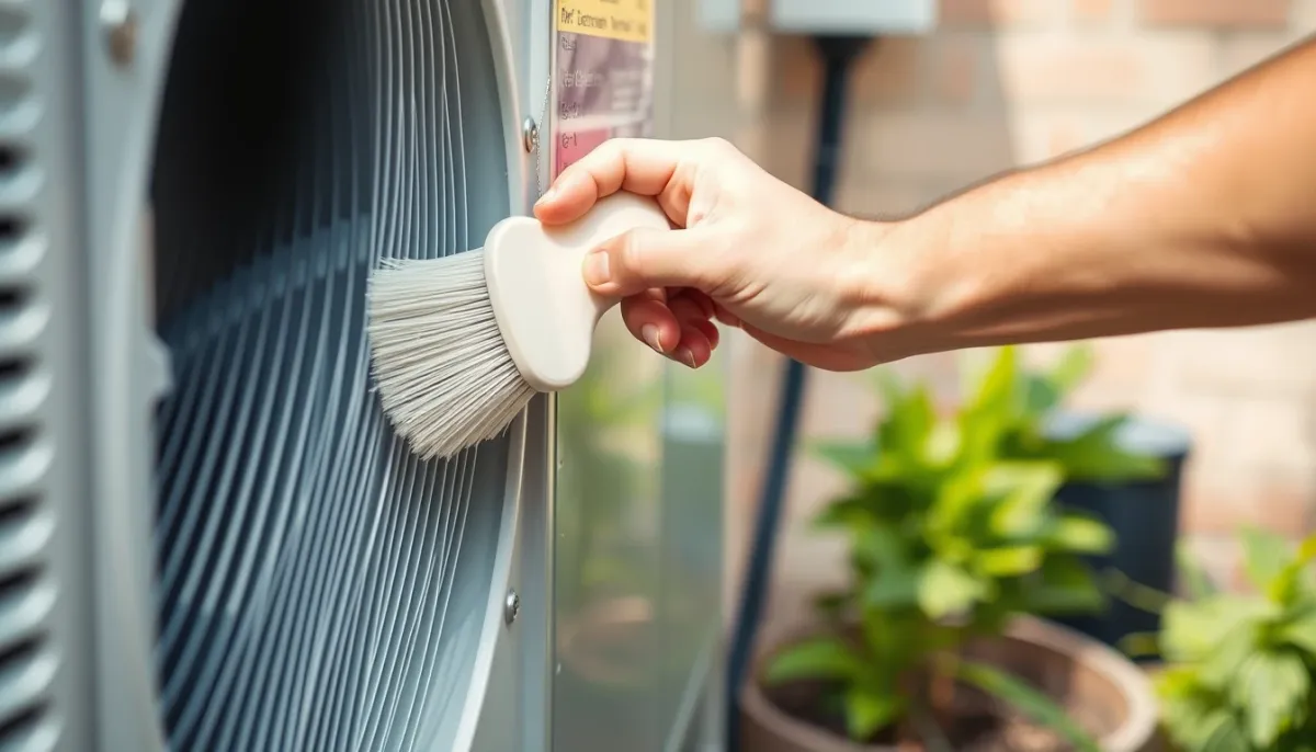 Propriétaire nettoyant les ailettes d'une pompe à chaleur air/eau avec une brosse douce