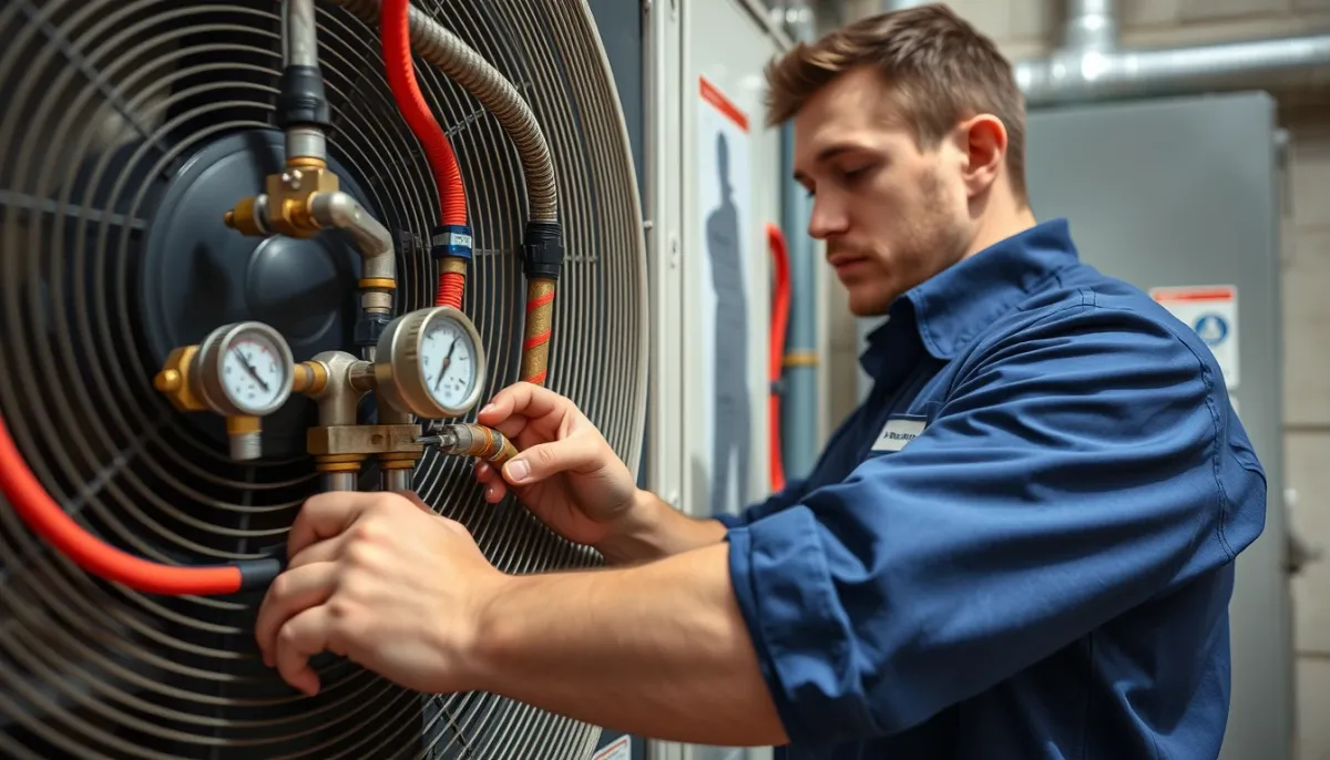 Technicien certifié intervenant sur le circuit frigorifique d'une pompe à chaleur air/eau