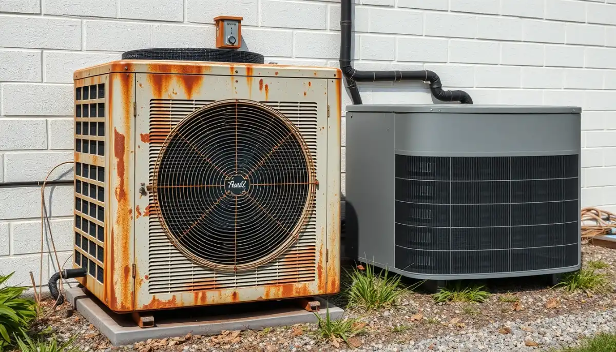 Comparaison entre une ancienne pompe à chaleur air/eau rouillée et un modèle neuf